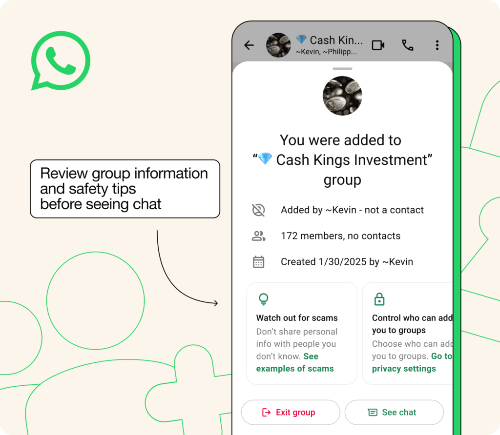 L'application Whatsapp affichera désormais des informations complémentaires sur les groupes inconnus avant de notifier ou d'intégrer définitivement l'utilisateur // Source : Meta L'application Whatsapp affichera désormais des informations complémentaires sur les groupes inconnus avant de notifier ou d'intégrer définitivement l'utilisateur // Source : Meta