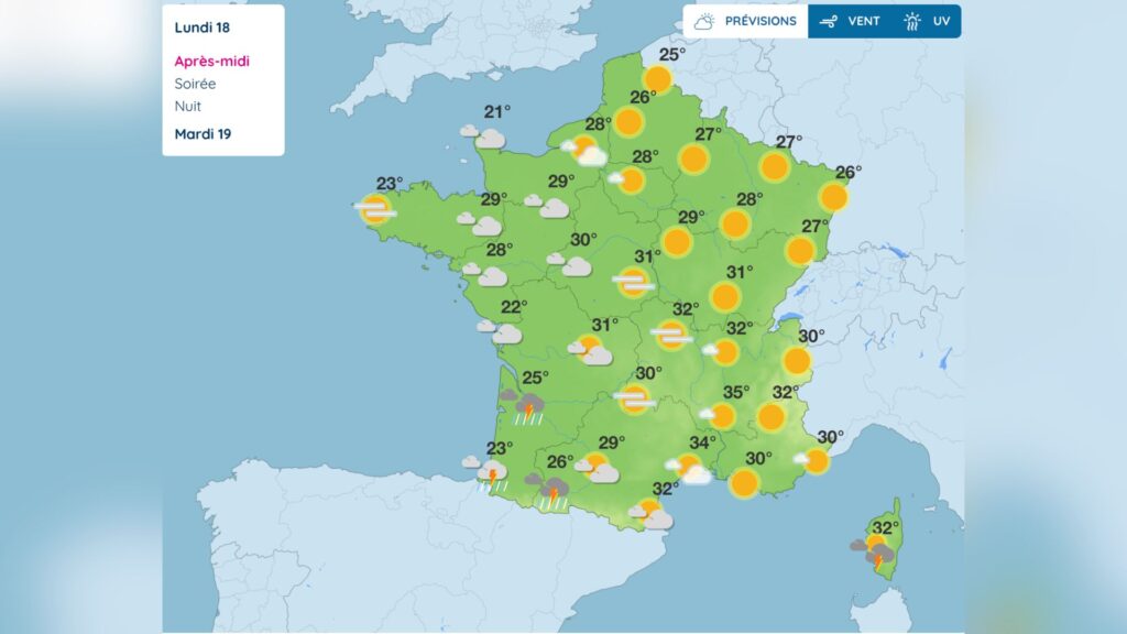 Carte des prévision de ce lundi 18 août 2025 en après-midi // Source : Météo France Carte des prévision de ce lundi 18 août 2025 en après-midi // Source : Météo France