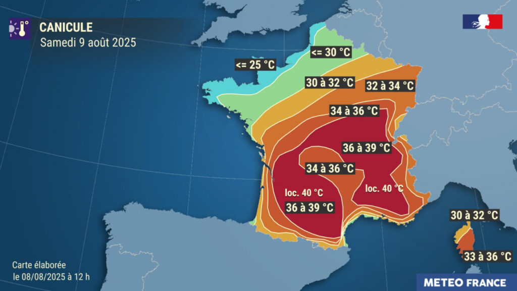 Prévisions pour le samedi 9 août 2025. // Source : Météo-France Prévisions pour le samedi 9 août 2025. // Source : Météo-France