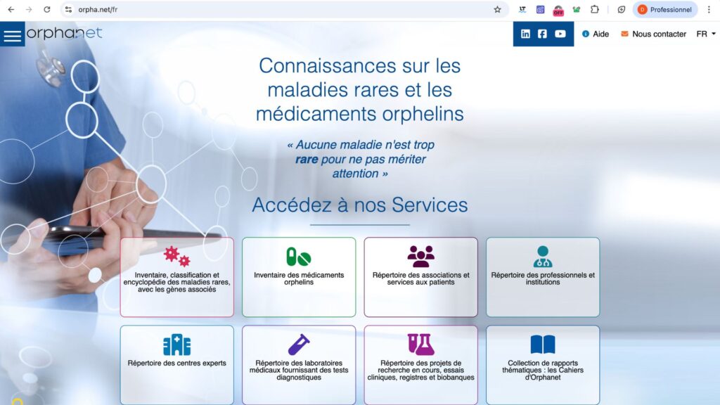 Interface du site d'Orphanet  // Source : Capture écran-Diane Hassoun