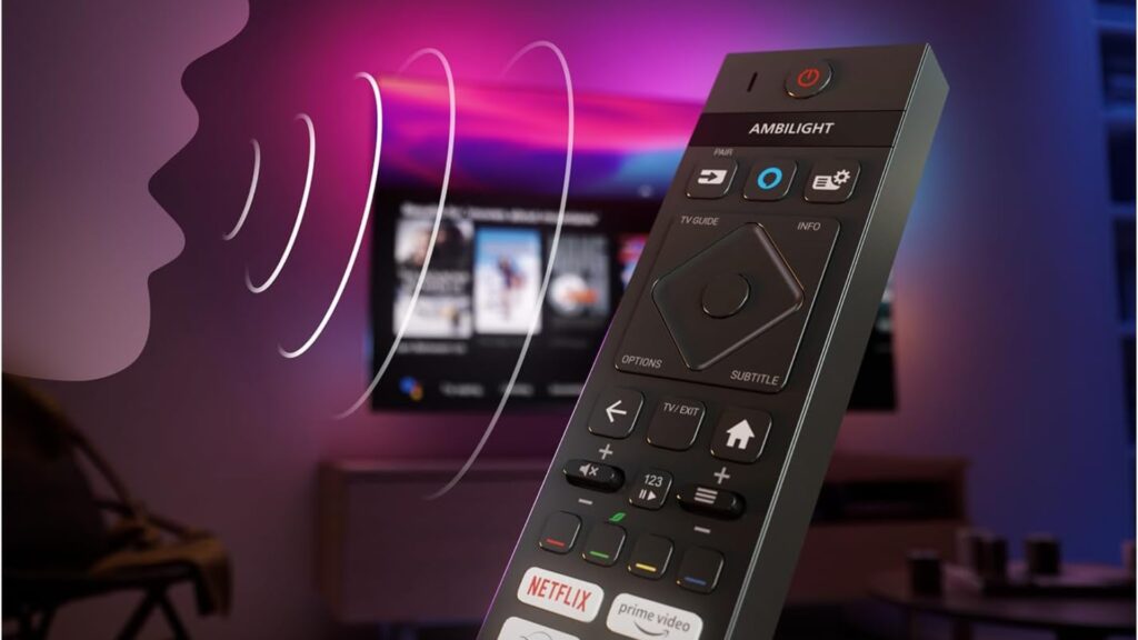 La télécommande supporte le vocal pour se connecter rapidement à ses comptes La télécommande supporte le vocal pour se connecter rapidement à ses comptes