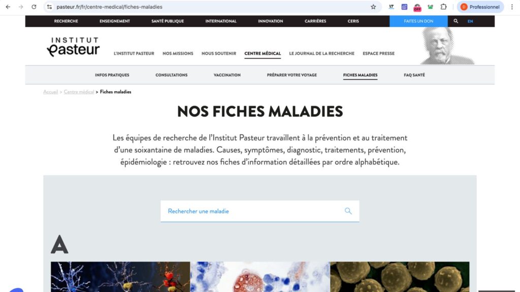 Interface du site de l'Institut Pasteur // Source : Capture écran-Diane Hassoun