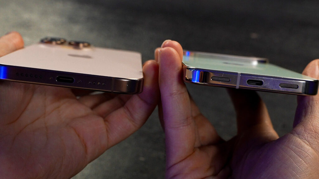 En 1 semaine, la bordure en acier du Pixel, à droite, s'est déjà rayée. Celle de l'iPhone, en titane, est dans un état neuf 1 an après. En 1 semaine, la bordure en acier du Pixel, à droite, s'est déjà rayée. Celle de l'iPhone, en titane, est dans un état neuf 1 an après.