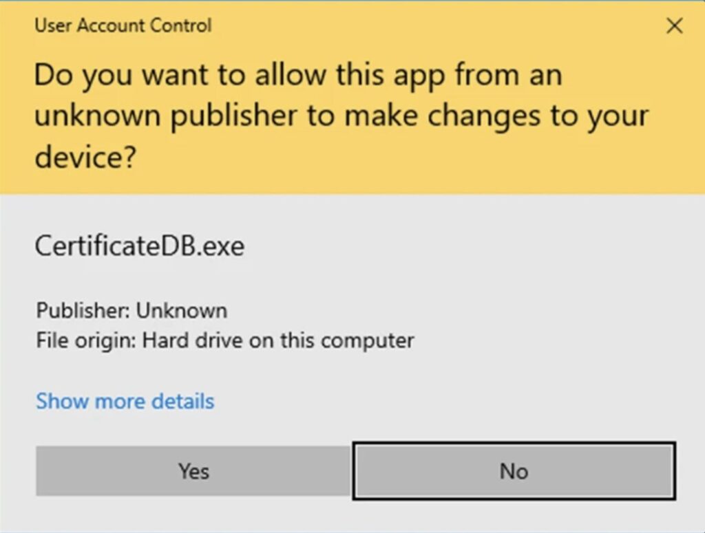 Fenêtre affiché lors d'une des campagnes d'espionnage de Secret Blizzardpour demander des privilèges élevés à l'utilisateur // Source :  Microsoft