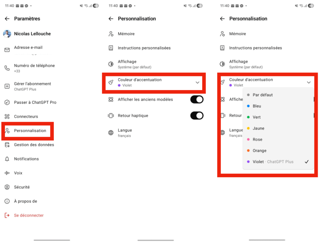 L'accès au réglage des couleurs sur iOS et Android. L'accès au réglage des couleurs sur iOS et Android.
