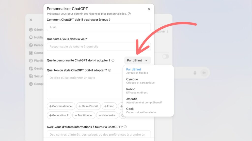 Les personnalités de ChatGPT. // Source : Capture d'écran ChatGPT