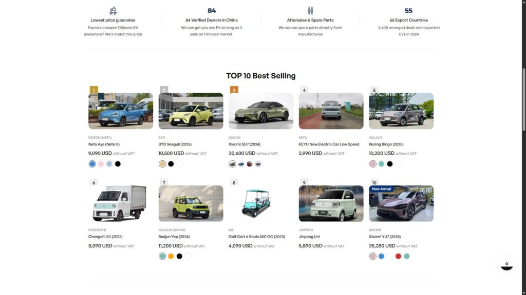 Meilleures ventes du site China EV Marketplace // Source : Capture du site Meilleures ventes du site China EV Marketplace // Source : Capture du site