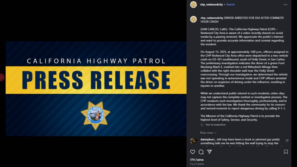 Déclaration officielle de la police de Redwood sur le crash // Source : chp_redwoodcity - Instagram Déclaration officielle de la police de Redwood sur le crash // Source : chp_redwoodcity - Instagram