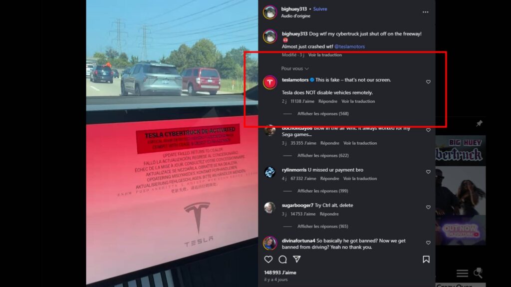 Tesla qui répond à la vidéo sur Instagram // Source : Capture instragram @bighuey113 Tesla qui répond à la vidéo sur Instagram // Source : Capture instragram @bighuey113