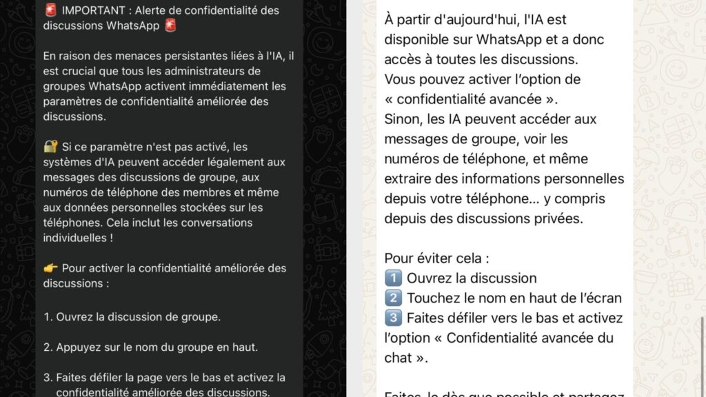Exemple de messages circulant sur Whatsapp et transférés à la rédaction de Numerama et Frandroïd // Source : Numerama Exemple de messages circulant sur Whatsapp et transférés à la rédaction de Numerama et Frandroïd // Source : Numerama