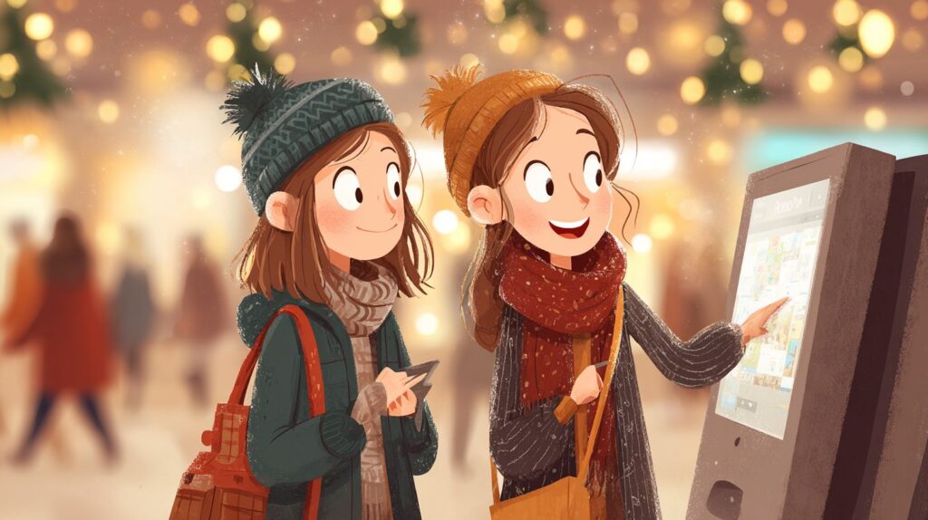 Deux amies utilisent une borne tactile dans un centre commercial // Source : Midjourney Deux amies utilisent une borne tactile dans un centre commercial // Source : Midjourney
