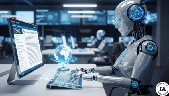 Un robot journaliste dans une rédaction. // Source : Numerama avec Google Imagen