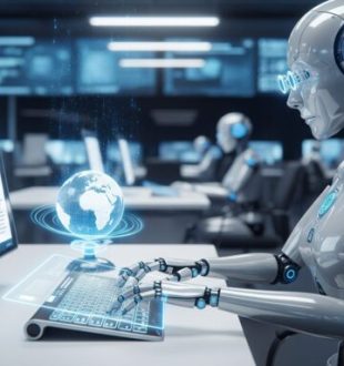 Un robot journaliste dans une rédaction. // Source : Numerama avec Google Imagen Un robot journaliste dans une rédaction. // Source : Numerama avec Google Imagen