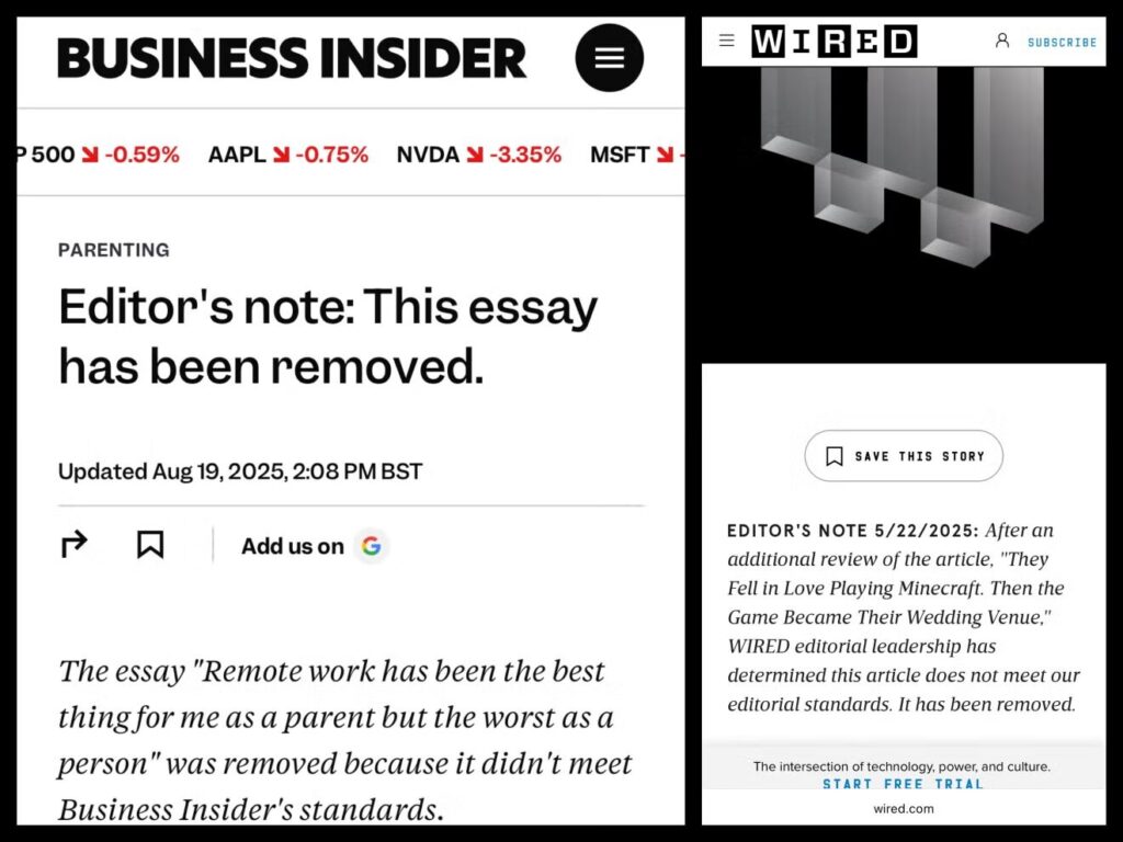 Les articles retirés par Business Insider et Wired. Les articles retirés par Business Insider et Wired.