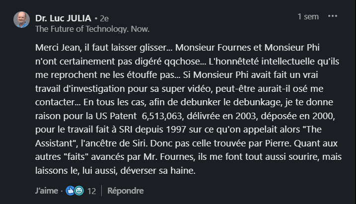 Une des rares déclarations de Luc Julia depuis l'affaire lancée par MonsieurPhi.