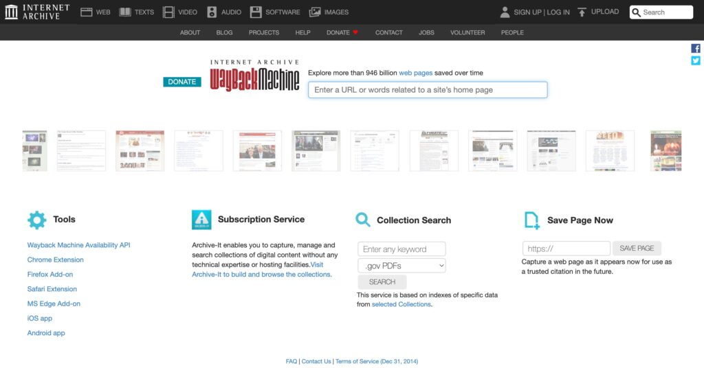 La page d'accueil de la Wayback Machine // Source : Capture Numerama