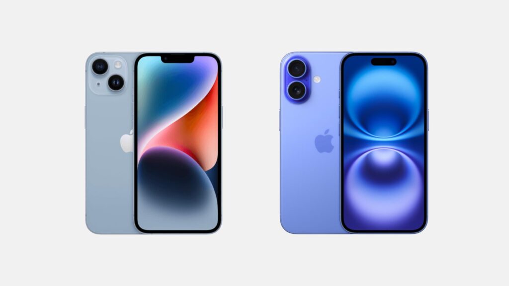 L'iPhone 14 à gauche, l'iPhone 16 à droite