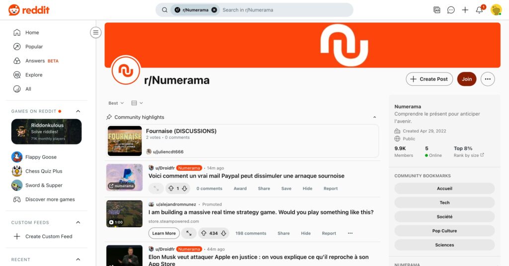 Le forum Reddit consacré à Numerama // Source : Capture Numerama