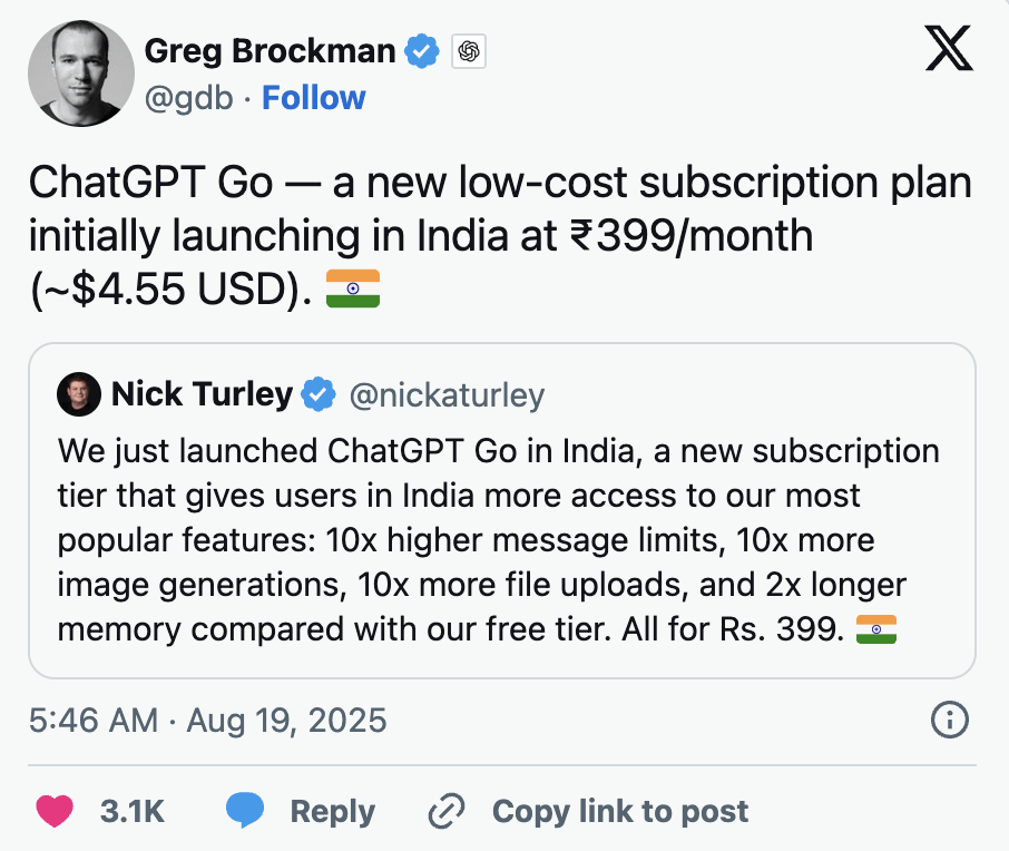 Les dirigeants d'OpenAI ont annoncé le 18 août avoir déployé ChatGPT Go en Inde. Les dirigeants d'OpenAI ont annoncé le 18 août avoir déployé ChatGPT Go en Inde.