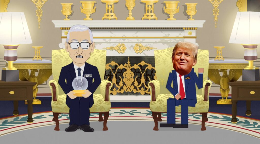 Dans une Maison-Blanche redécorée en or, Tim Cook vient offrir un cadeau à Donald Trump dans South Park. Dans une Maison-Blanche redécorée en or, Tim Cook vient offrir un cadeau à Donald Trump dans South Park.