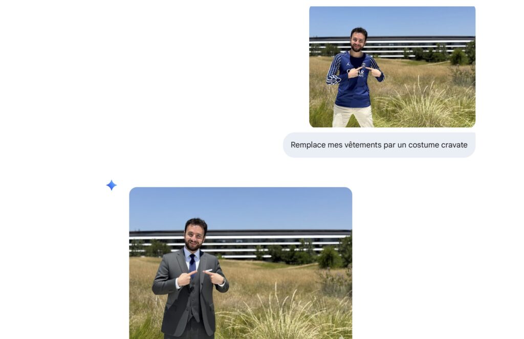 Exemple de modification de vêtements avec Google Gemini. Exemple de modification de vêtements avec Google Gemini.
