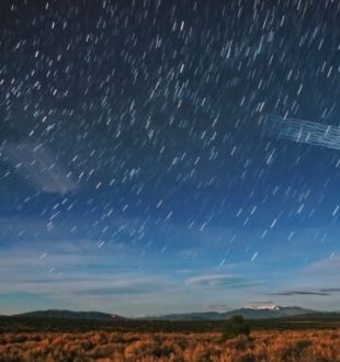 Un train de satellites Starlink photographié peu après leur lancement au-dessus de la forêt nationale Carson (Nouveau-Mexique). // Source : Wikimedia/CC/Mike Lewinsky (photo recadrée)
