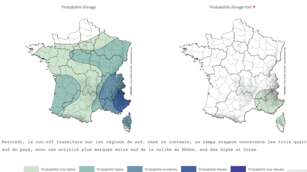 Probabilité d'orage pour le mercredi 20 août // Source : Observatoire Keranos Probabilité d'orage pour le mercredi 20 août // Source : Observatoire Keranos