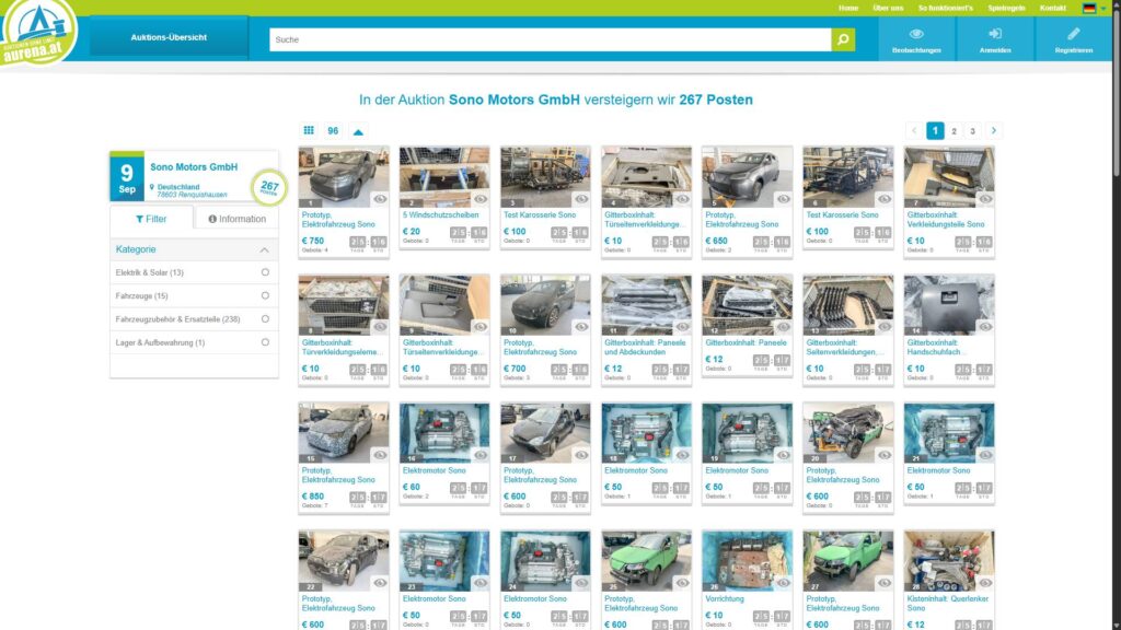 Vente aux enchères du stock Sono Motors // Source : Aurena.at Vente aux enchères du stock Sono Motors // Source : Aurena.at