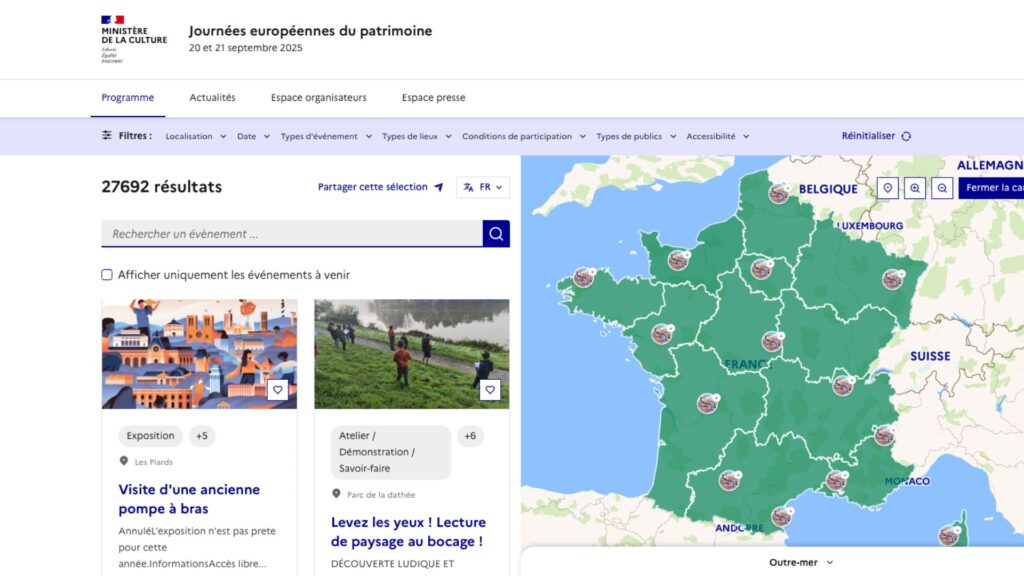 La carte des Journées du patrimoine 2025 // Source : Capture d'écran du Ministère de la culture 