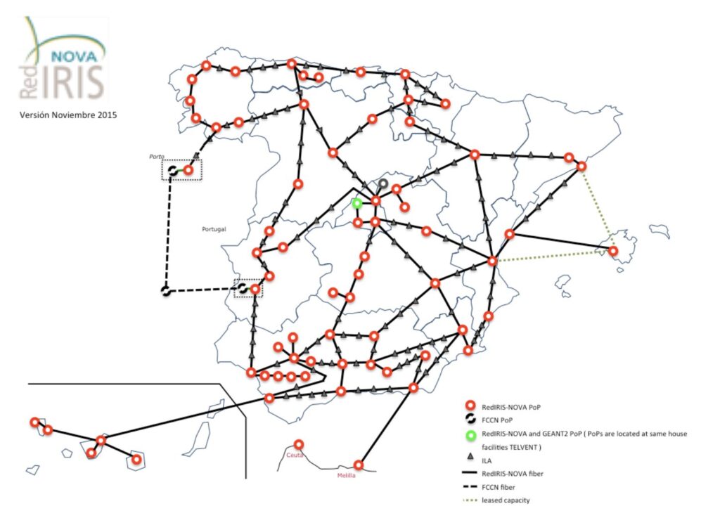 Le réseau RedIris s'étend sur l'ensemble du territoire espagnol // Source : redirisnova.es Le réseau RedIris s'étend sur l'ensemble du territoire espagnol // Source : redirisnova.es