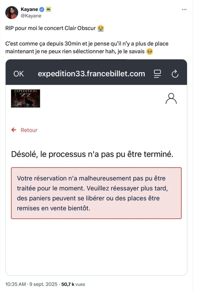 Les ventes des places du concert Clair Obscur: Expedition 33 virent au cauchemar // Source : Capture d'écran