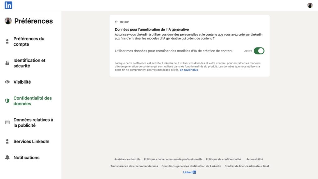 L'autorisation du traitement par LinkedIn des données pour son IA est activée par défaut. // Source : Numerama L'autorisation du traitement par LinkedIn des données pour son IA est activée par défaut. // Source : Numerama