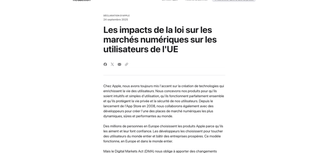 Apple a publié son communiqué le 24 septembre 2025. // Source : Apple Apple a publié son communiqué le 24 septembre 2025. // Source : Apple