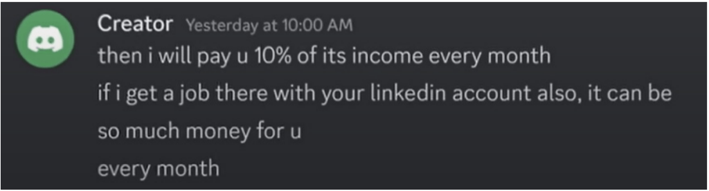 Message d'un IT worker proposant un deal sur le réseau social Discord // Source : ESET