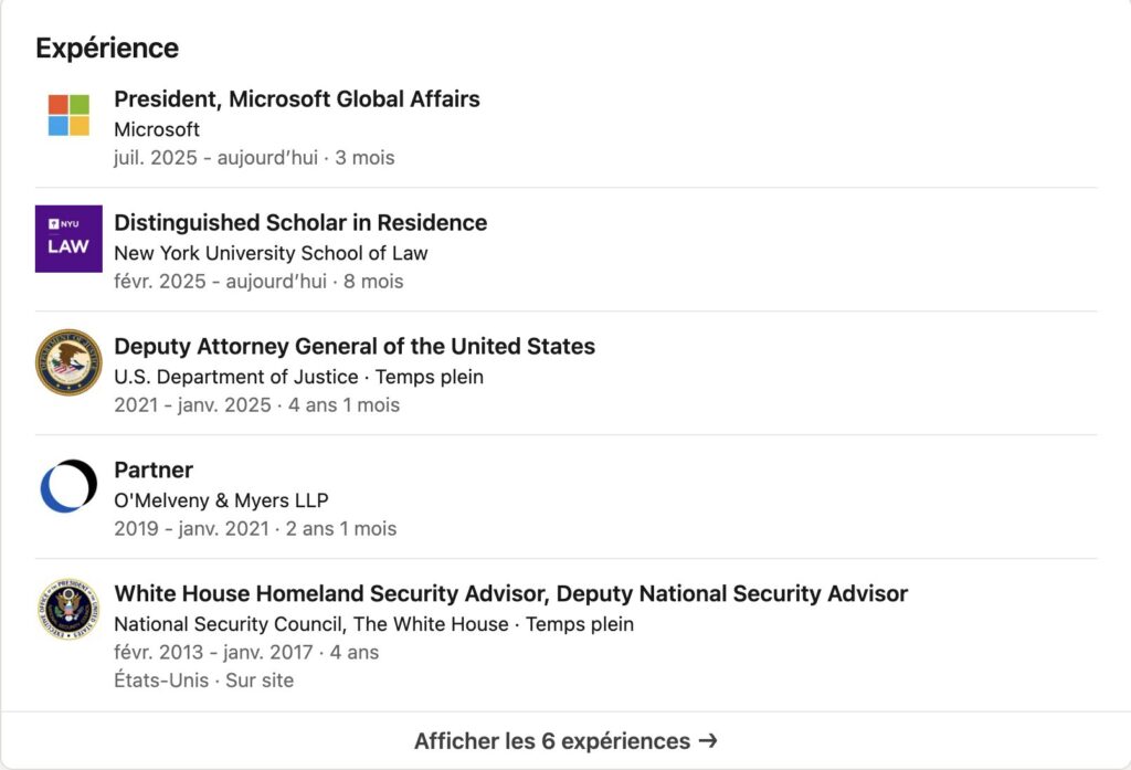 Sur LinkedIn, Lisa Monaco indique avoir pris ses fonctions en juillet 2025 // Source : LinkedIn Sur LinkedIn, Lisa Monaco indique avoir pris ses fonctions en juillet 2025 // Source : LinkedIn