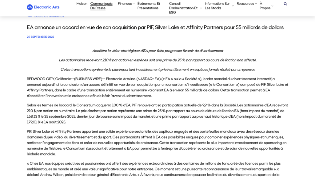 a transaction devrait se conclure au premier trimestre de l'exercice fiscal 2027, soit entre avril et juin 2026. // Source : EA