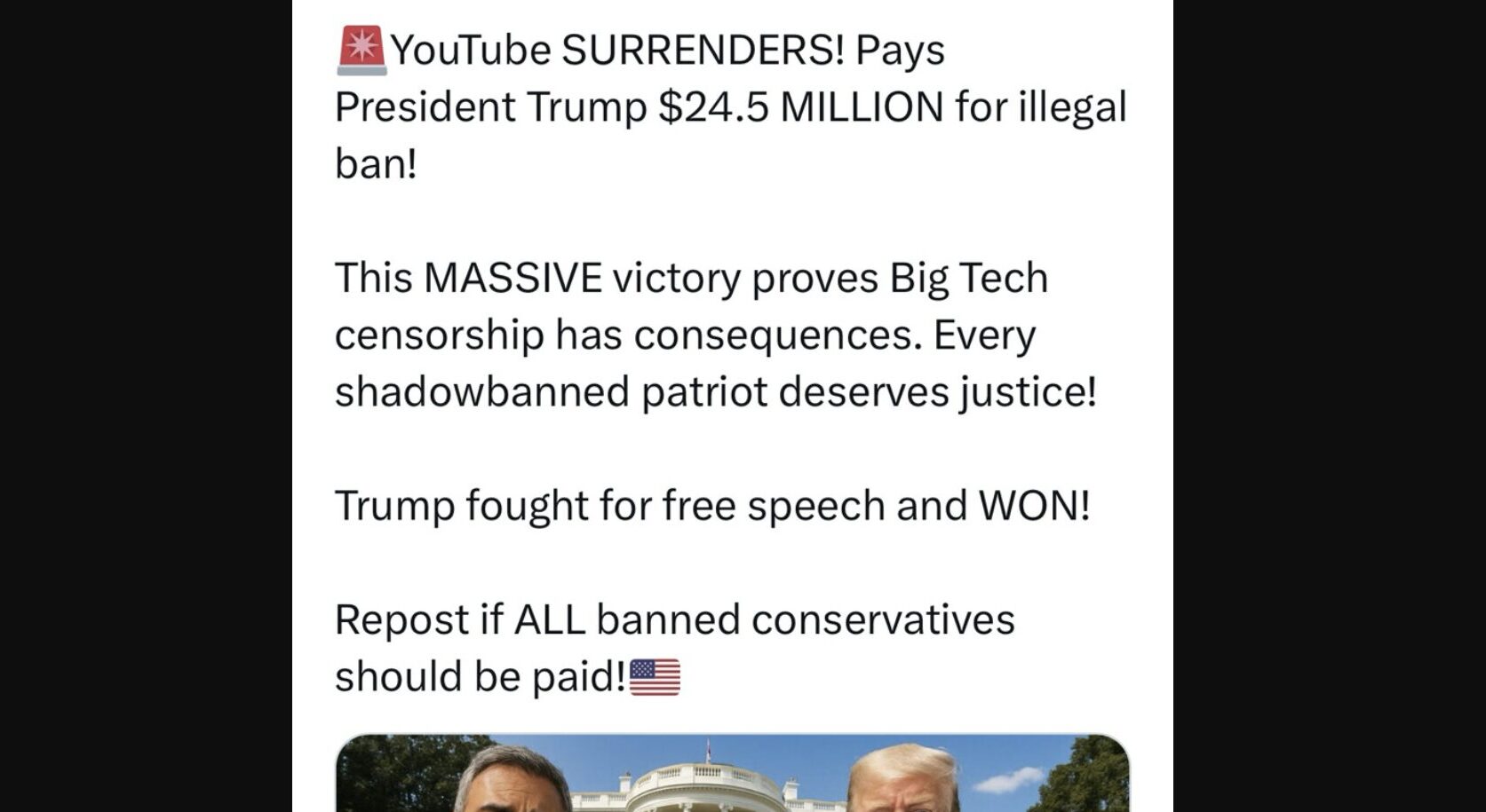 Donald Trump a affirmé sur son réseau Truth social que « YouTube capitule ». // Source : Donald Trump - Truth social