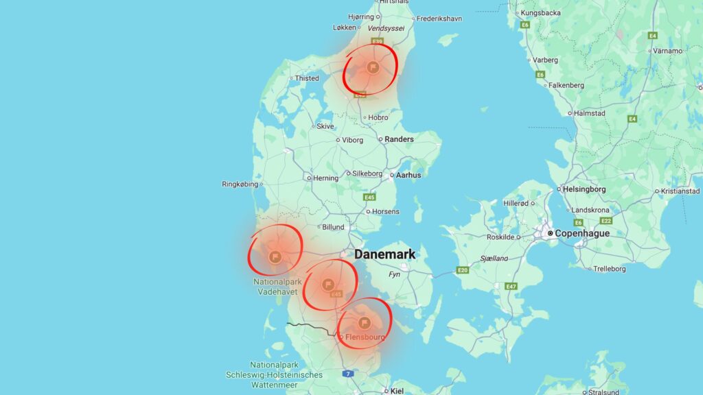 Les drones ont été aperçus dans différentes parties du territoire danois // Source : Google Maps