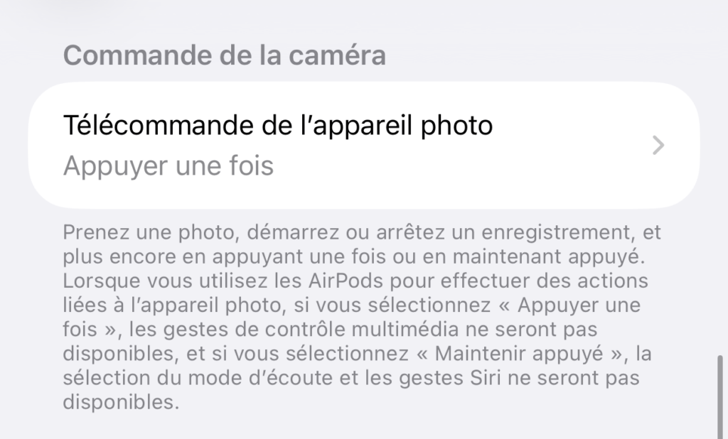Le réglage pour prendre des photos avec ses AirPods.