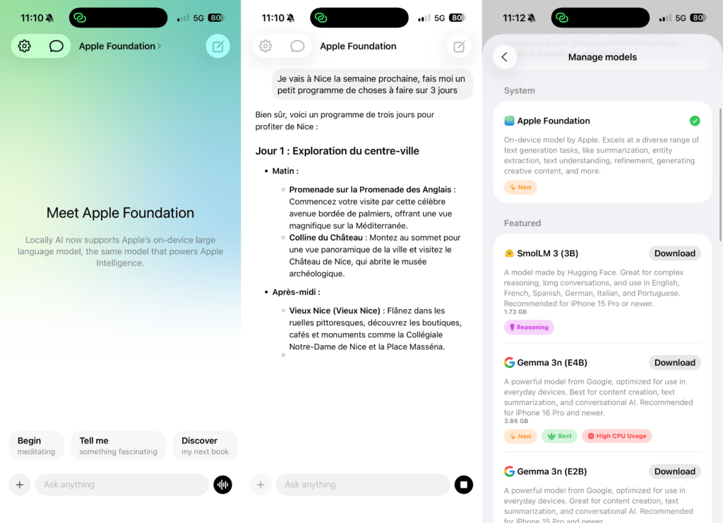 L'interface de Locally AI sur iPhone.