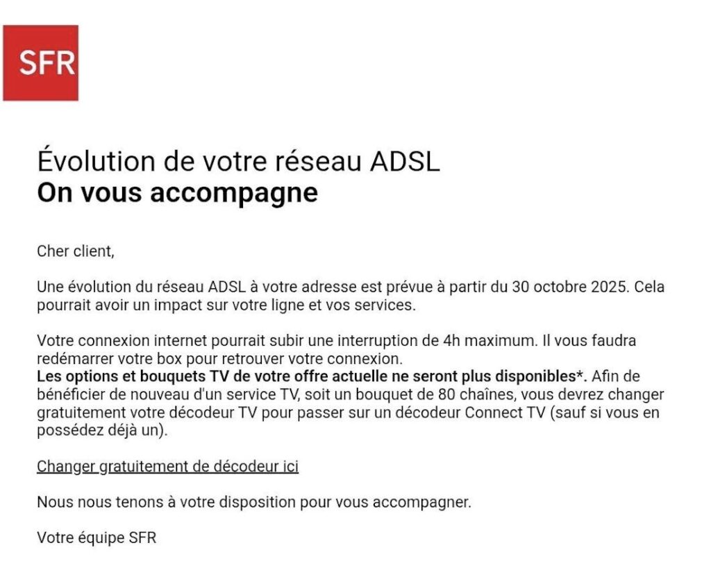 Le mail envoyé par SFR à ses abonnés concernés.