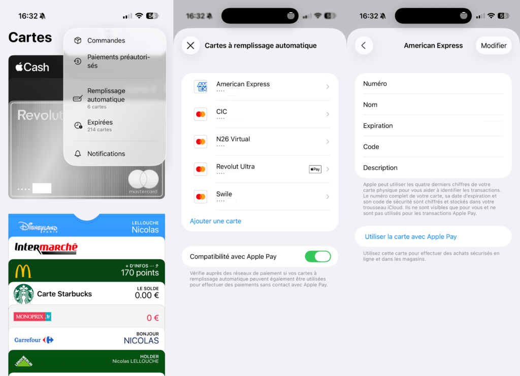 Le menu pour retrouver ses cartes bancaires dans iOS 26.