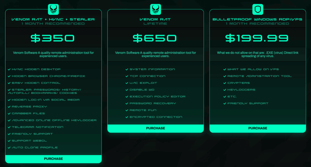 Capture d'écran d'un forum du Dark Web où est mis en vente VenomRat comme Ransomware as a service // Source : Kaspersky