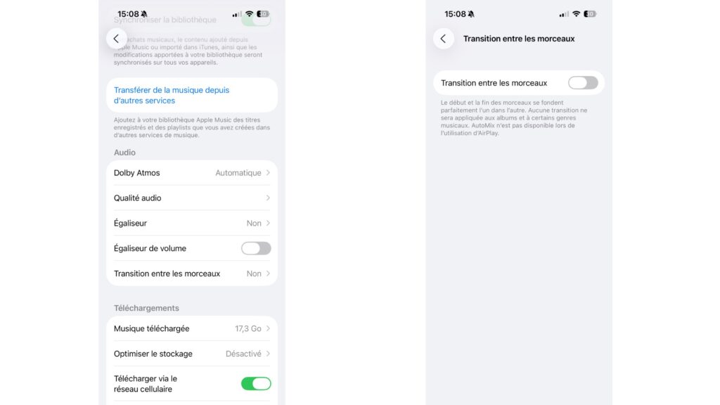 Pour désactiver AutoMix, c'est simple comme bonjour // Source : Capture d'écran iOS 26 Pour désactiver AutoMix, c'est simple comme bonjour // Source : Capture d'écran iOS 26