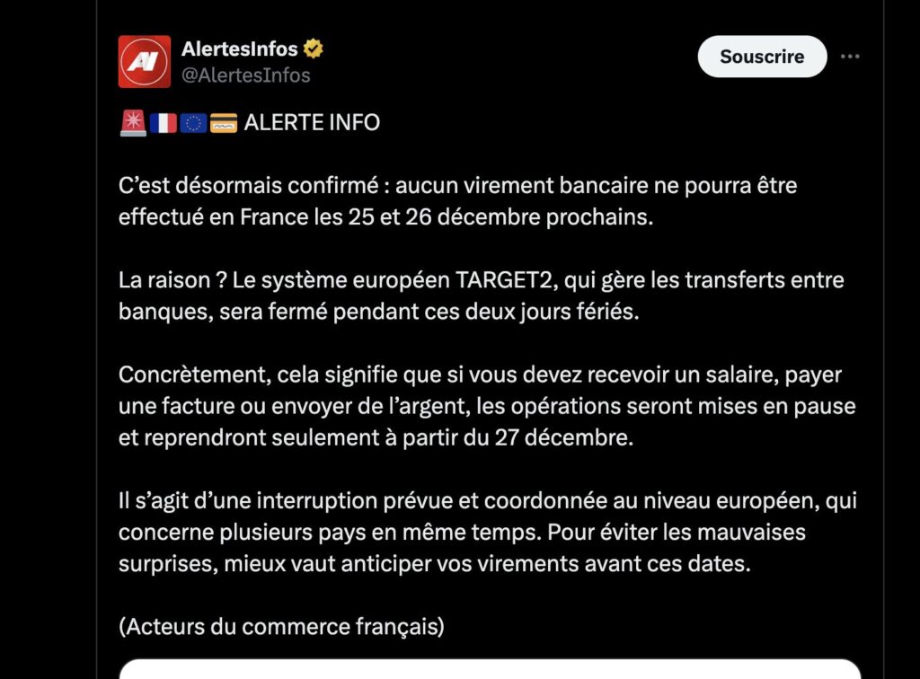 Le tweet d'AlertesInfo sur la suspension des virements. Le tweet d'AlertesInfo sur la suspension des virements.