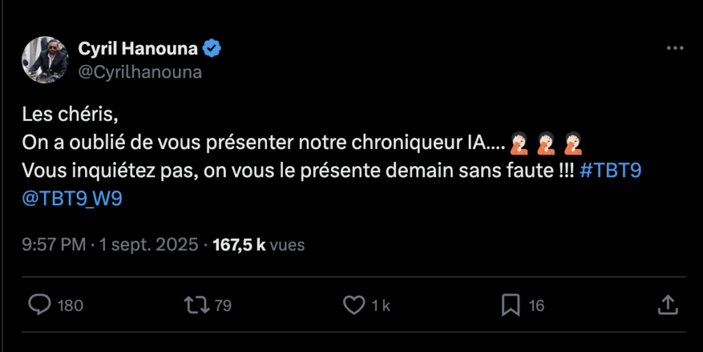 Sur Twitter, Cyril Hanouna indique que son chroniqueur IA sera présenté le 2 septembre.