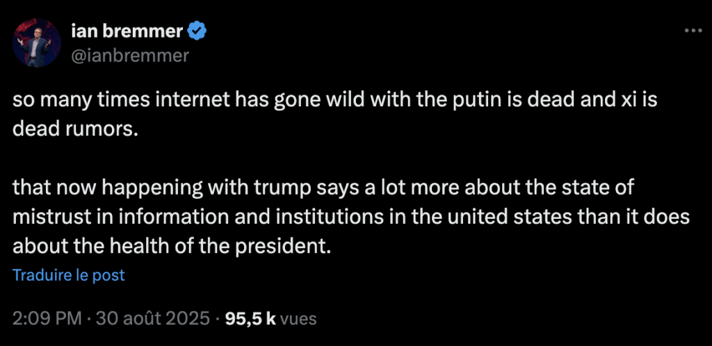 Pour le politologue Ian Bremmer, la diffusion de cette rumeur dit beaucoup de l'état des réseaux sociaux et de son rapport à la vérité. Pour le politologue Ian Bremmer, la diffusion de cette rumeur dit beaucoup de l'état des réseaux sociaux et de son rapport à la vérité.