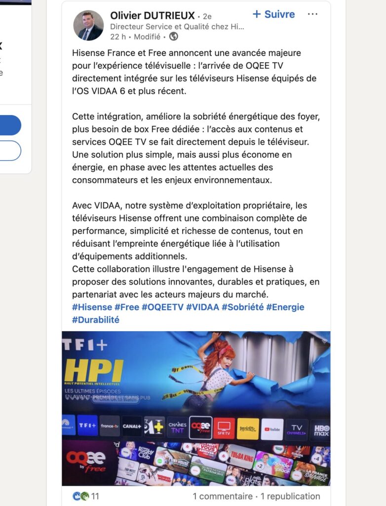 La publication de Hisense sur son partenariat avec Free.