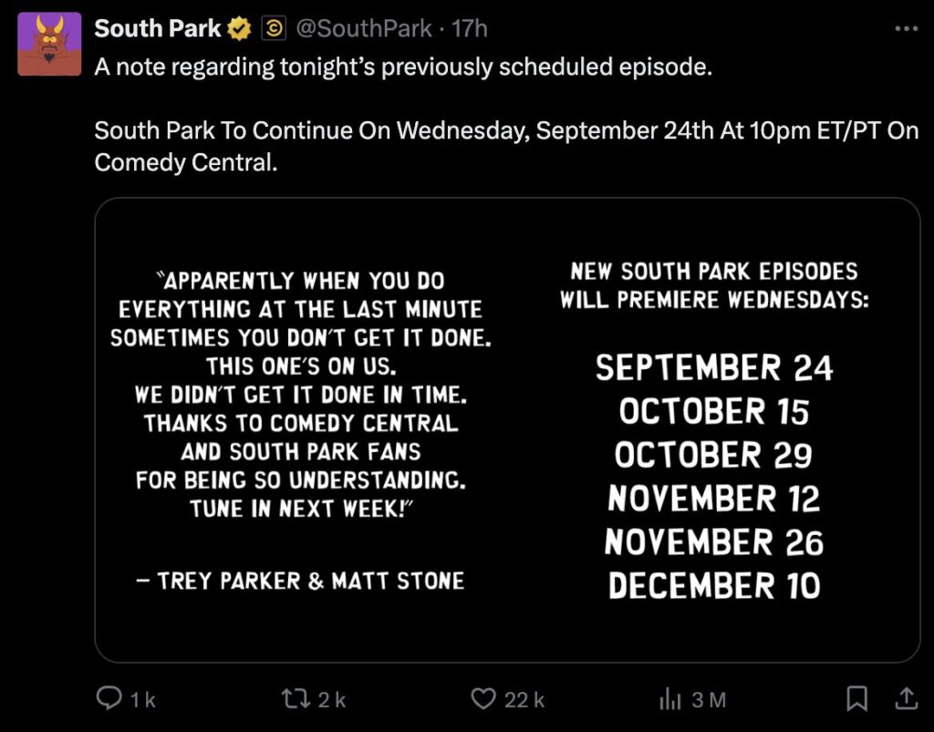 L'annonce de South Park, qui déprogramme son dernier épisode.