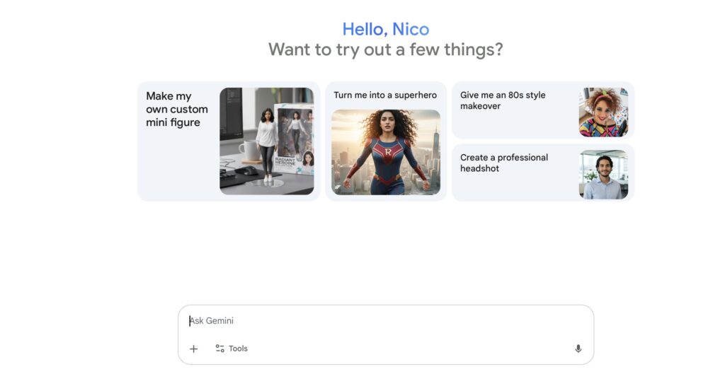 La nouvelle page d'accueil de Google Gemini met en avant des exemples de prompts nano-banana.